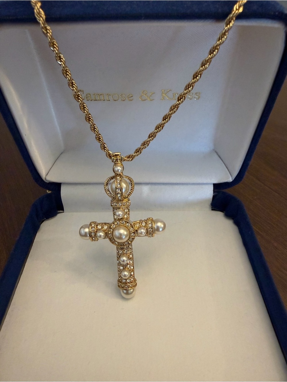 Gold Tone Pearl Cross Pendant Necklace